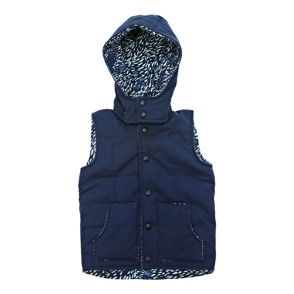 Navy outdoor vest with lizard print lining